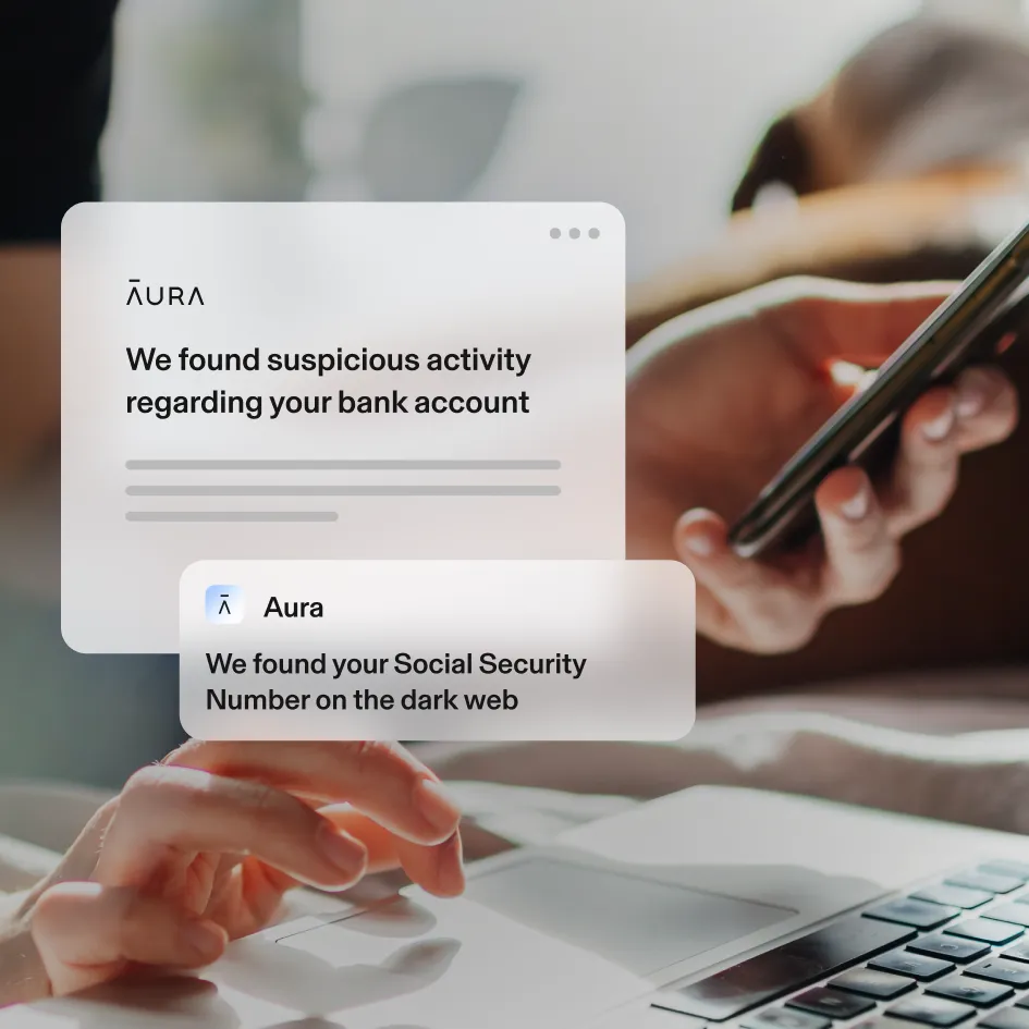 Person reacting to Aura alert about suspicious activity with their bank account.